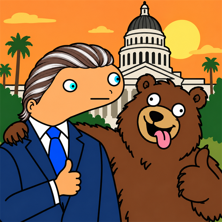 Spooder-style NEWSCUM character courting the bear vote during a 2028 campaign stop