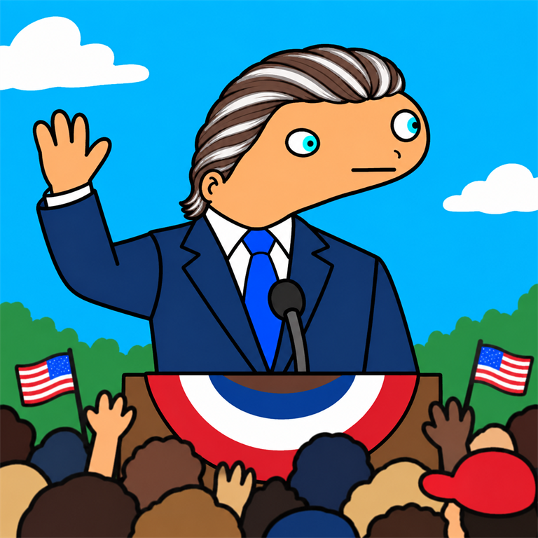 Spooder-style NEWSCUM character waving at an outdoor 2028 presidential campaign rally